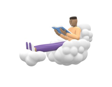 Gökyüzündeki neşeli Afrikalı genç adam bir kitap okuyordu. Beyaz arka planda izole edilmiş günlük renkli kıyafetler giymiş edebiyat hayranı. Komik, soyut çizgi film insanları. 3d oluşturma.