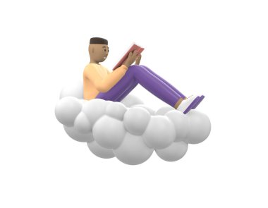 Gökyüzündeki neşeli Afrikalı genç adam bir kitap okuyordu. Beyaz arka planda izole edilmiş günlük renkli kıyafetler giymiş edebiyat hayranı. Komik, soyut çizgi film insanları. 3d oluşturma.