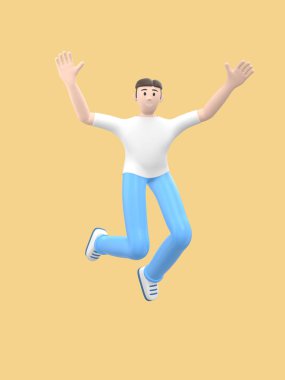 Genç, neşeli bir adam dans ediyor, zıplıyor, havalanıyor ve uçuyor. Sarı arka planda sıradan renkli kıyafetler giyen pozitif bir karakter. Komik, soyut çizgi film insanları. 3d oluşturma.