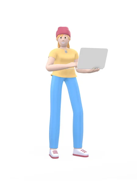 Ein Junges Fröhliches Hipstermädchen Mit Hut Steht Mit Einem Laptop — Stockfoto