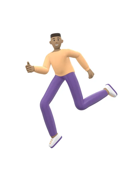 一个快乐的非洲小伙子跳舞 悬浮和飞翔 浅色衣服中的积极因素在白色背景下被隔离 抽象的卡通人物 3D渲染 — 图库照片