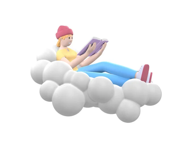 Young Cheerful Hipster Girl Hat Sky Cloud Reading Book Literature — Stock Photo, Image