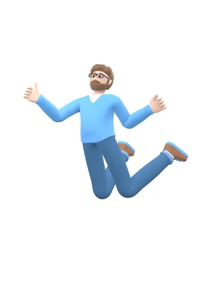 Young Cheerful Guy Beard Glasses Dances Jumps Levitates Flies Positive — Stock Photo, Image