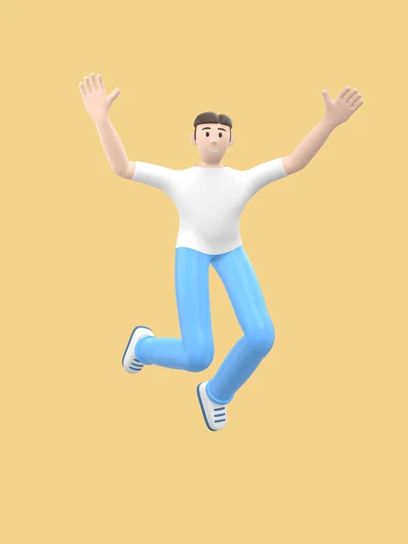 一个快乐的年轻人跳舞 悬浮和飞翔 黄色背景下浅色衣服中的积极因素 抽象的卡通人物 3D渲染 — 图库照片