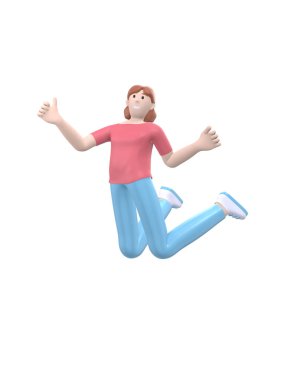 Genç, mutlu bir kız dans ediyor, zıplıyor, havaya kalkıyor ve kollarını kaldırıyor. Beyaz arka planda izole edilmiş günlük renkli elbiseli pozitif karakter. Komik, soyut çizgi film insanları. 3d oluşturma.