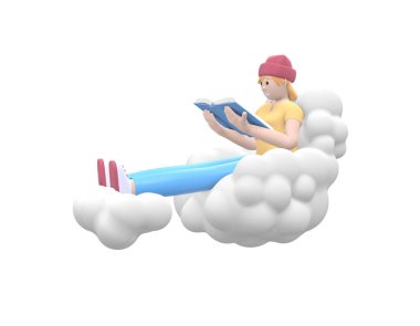 Gökyüzünde bir bulutun üstünde şapkalı neşeli hippi kız kitap okuyor. Beyaz arka planda izole edilmiş günlük renkli kıyafetler giymiş edebiyat hayranı. Komik, soyut çizgi film insanları. 3d oluşturma.