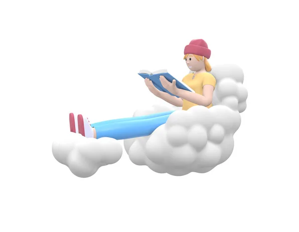 雲の上の空の帽子の若い陽気なヒップスターの女の子は本を読んでいます 白い背景に隔離されたカジュアルな色の服の文学ファン 面白い 抽象的な漫画の人々 3Dレンダリング — ストック写真