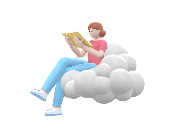 Young Happy Girl Sky Cloud Reading Book Literature Fan Casual — Stock Photo, Image