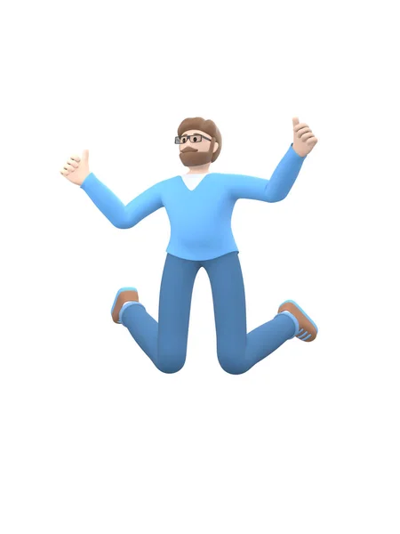 Young Cheerful Guy Beard Glasses Dances Jumps Levitates Flies Positive — Stock Photo, Image