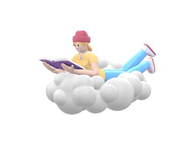 Gökyüzünde bir bulutun üstünde şapkalı neşeli hippi kız kitap okuyor. Beyaz arka planda izole edilmiş günlük renkli kıyafetler giymiş edebiyat hayranı. Komik, soyut çizgi film insanları. 3d oluşturma.