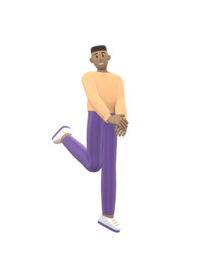 Genç, neşeli bir Afrikalı dans ediyor, zıplıyor, havalanıyor ve uçuyor. Beyaz arka planda izole edilmiş günlük renkli elbiseli pozitif karakter. Komik, soyut çizgi film insanları. 3d oluşturma.