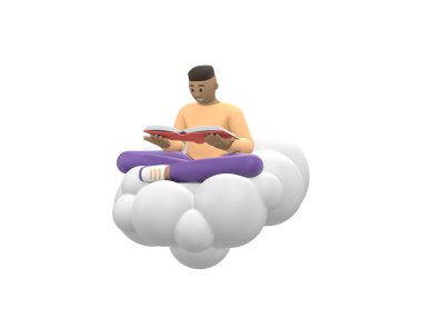 Gökyüzündeki neşeli Afrikalı genç adam bir kitap okuyordu. Beyaz arka planda izole edilmiş günlük renkli kıyafetler giymiş edebiyat hayranı. Komik, soyut çizgi film insanları. 3d oluşturma.