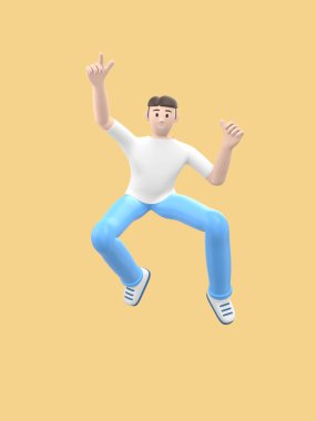 Genç, neşeli bir adam dans ediyor, zıplıyor, havalanıyor ve uçuyor. Sarı arka planda sıradan renkli kıyafetler giyen pozitif bir karakter. Komik, soyut çizgi film insanları. 3d oluşturma.