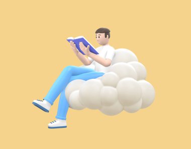 Gökyüzündeki neşeli genç adam bir kitap okuyordu. Sarı arka planda günlük renkli kıyafetler giymiş edebiyat hayranı. Komik, soyut çizgi film insanları. 3d oluşturma.