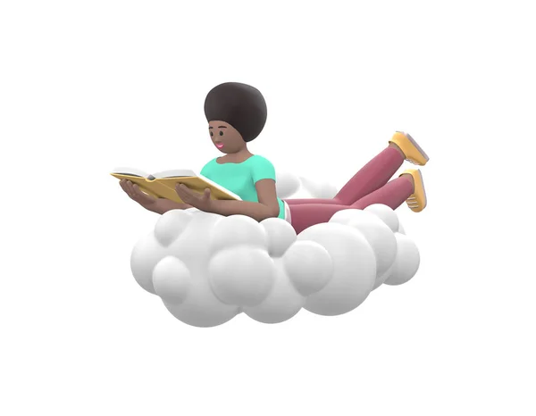 Young Cheerful African Girl Lying Sky Cloud Reading Book Positive — Stock Photo, Image