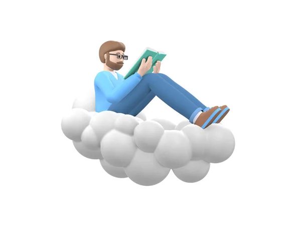 雲の上の空に髭を生やした若い陽気な男が本を読んでいる 白い背景に隔離されたカジュアルな色の服の文学ファン 面白い 抽象的な漫画の人々 3Dレンダリング — ストック写真