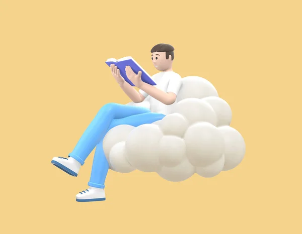 雲の上の空の若い陽気な男が本を読んでいる 黄色の背景にカジュアルな色の服の文学ファン 面白い 抽象的な漫画の人々 3Dレンダリング — ストック写真
