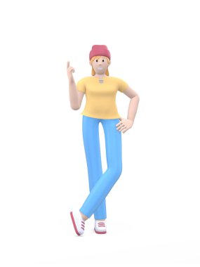 Şapkalı mutlu hippi kız işaret parmağını kaldırıyor. Beyaz arka planda izole edilmiş günlük renkli elbiseli pozitif karakter. Komik, soyut çizgi film insanları. 3B görüntüleme.