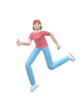 Genç, mutlu bir kız dans ediyor, zıplıyor, havaya kalkıyor ve kollarını kaldırıyor. Beyaz arka planda izole edilmiş günlük renkli elbiseli pozitif karakter. Komik, soyut çizgi film insanları. 3d oluşturma.