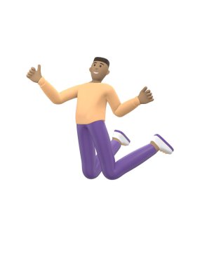 Genç, neşeli bir Afrikalı dans ediyor, zıplıyor, havalanıyor ve uçuyor. Beyaz arka planda izole edilmiş günlük renkli elbiseli pozitif karakter. Komik, soyut çizgi film insanları. 3d oluşturma.