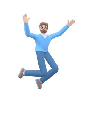 Gözlüklü, sakallı, genç, neşeli bir adam dans ediyor, zıplıyor, havalanıyor ve uçuyor. Beyaz arka planda izole edilmiş günlük renkli elbiseli pozitif karakter. Komik, soyut çizgi film insanları. 3d oluşturma.