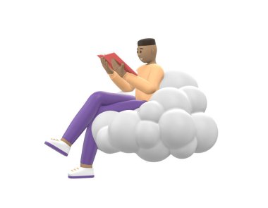 Gökyüzündeki neşeli Afrikalı genç adam bir kitap okuyordu. Beyaz arka planda izole edilmiş günlük renkli kıyafetler giymiş edebiyat hayranı. Komik, soyut çizgi film insanları. 3d oluşturma.