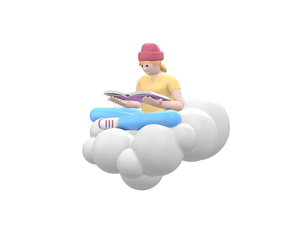 Young Cheerful Hipster Girl Hat Sky Cloud Reading Book Literature — Stock Photo, Image