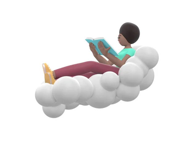 一个年轻而快乐的非洲女孩躺在天空的云彩上看书 浅色衣服中的积极因素在白色背景下被隔离 快乐的卡通男 少男少女简约的风格 3D渲染 — 图库照片