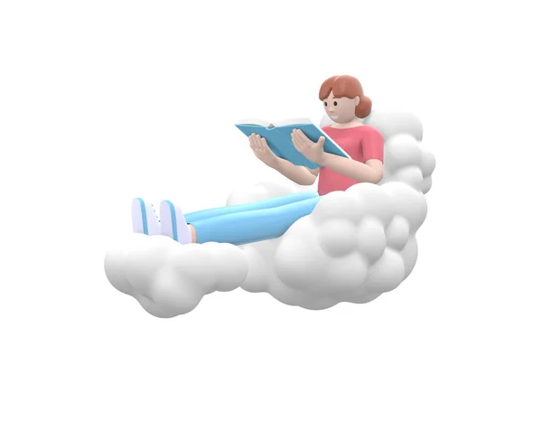 Une Jeune Fille Heureuse Dans Ciel Sur Nuage Lit Livre — Photo