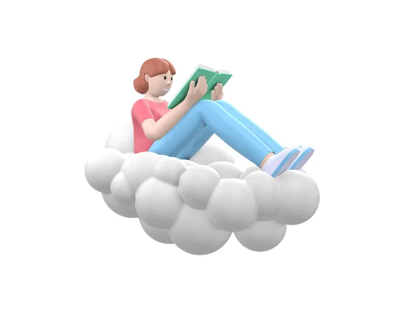 一个年轻快乐的女孩在云端的天空中看书 穿着浅色衣服的文学爱好者被白色背景隔离了 抽象的卡通人物 3D渲染 — 图库照片