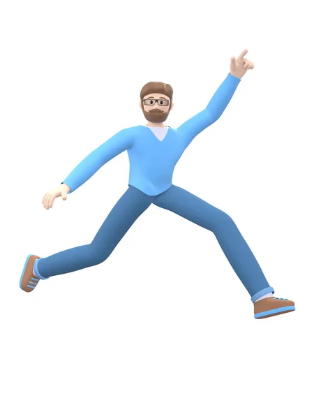 Young Cheerful Guy Beard Glasses Dances Jumps Levitates Flies Positive — Stock Photo, Image