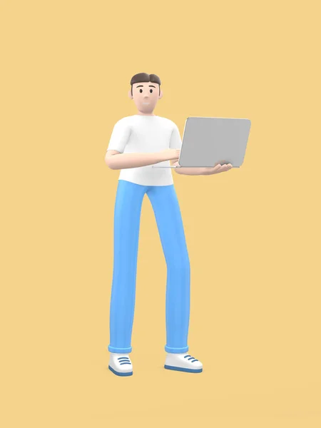 Young cheerful guy stands holding a laptop in his hands. Positive character in casual colored clothes on a yellow background. Funny, abstract cartoon man. 3D rendering.