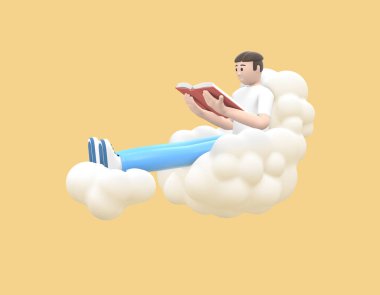 Gökyüzündeki neşeli genç adam bir kitap okuyordu. Sarı arka planda günlük renkli kıyafetler giymiş edebiyat hayranı. Komik, soyut çizgi film insanları. 3d oluşturma.