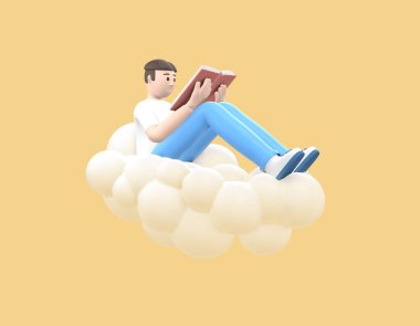 Gökyüzündeki neşeli genç adam bir kitap okuyordu. Sarı arka planda günlük renkli kıyafetler giymiş edebiyat hayranı. Komik, soyut çizgi film insanları. 3d oluşturma.