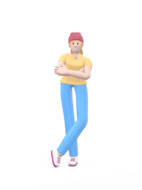 Göğsünde şapka olan neşeli hippi bir kız. Beyaz arka planda izole edilmiş günlük renkli elbiseli pozitif karakter. Komik, soyut çizgi film insanları. 3B görüntüleme.