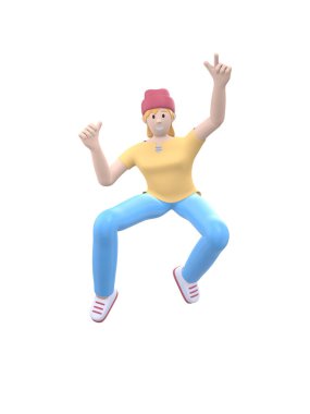 Şapkalı neşeli hippi kız dans ediyor, zıplıyor, havalanıyor ve uçuyor. Beyaz arka planda izole edilmiş günlük renkli elbiseli pozitif karakter. Komik, soyut çizgi film insanları. 3d oluşturma.