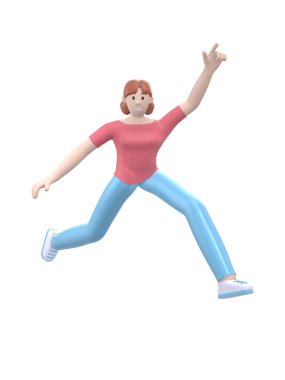 Genç, mutlu bir kız dans ediyor, zıplıyor, havaya kalkıyor ve kollarını kaldırıyor. Beyaz arka planda izole edilmiş günlük renkli elbiseli pozitif karakter. Komik, soyut çizgi film insanları. 3d oluşturma.