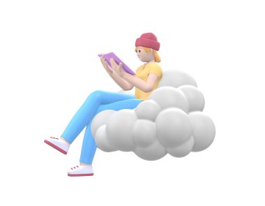 Gökyüzünde bir bulutun üstünde şapkalı neşeli hippi kız kitap okuyor. Beyaz arka planda izole edilmiş günlük renkli kıyafetler giymiş edebiyat hayranı. Komik, soyut çizgi film insanları. 3d oluşturma.