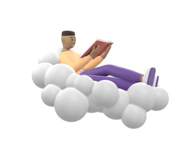 Gökyüzündeki neşeli Afrikalı genç adam bir kitap okuyordu. Beyaz arka planda izole edilmiş günlük renkli kıyafetler giymiş edebiyat hayranı. Komik, soyut çizgi film insanları. 3d oluşturma.