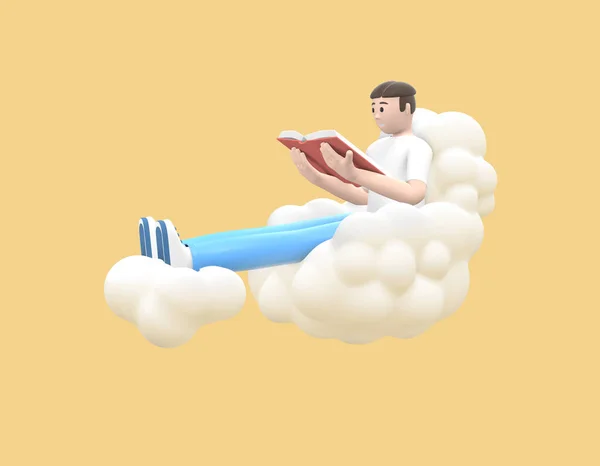 Jonge Vrolijke Man Lucht Een Wolk Leest Een Boek Literatuur — Stockfoto