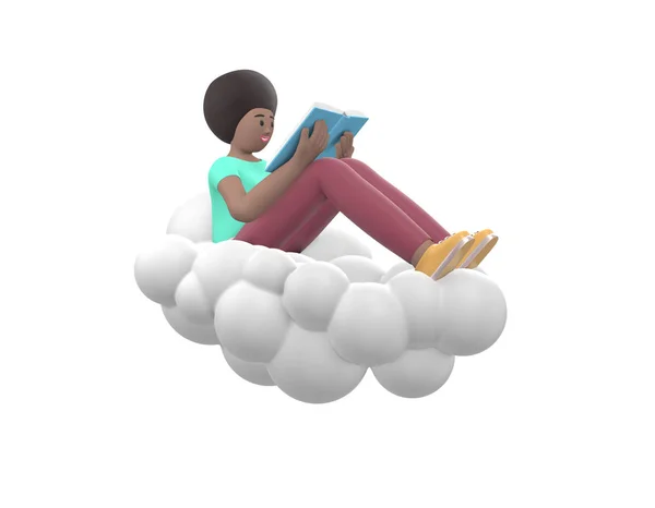 年轻快乐的非洲姑娘坐在云端的天空中看书 浅色衣服中的积极因素在白色背景下被隔离 快乐的卡通男 少男少女简约的风格 3D渲染 — 图库照片