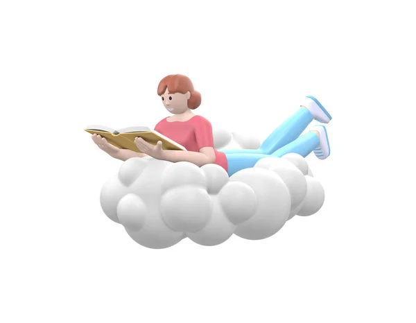 Une Jeune Fille Heureuse Dans Ciel Sur Nuage Lit Livre — Photo