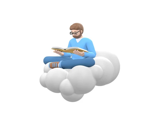 雲の上の空に髭を生やした若い陽気な男が本を読んでいる 白い背景に隔離されたカジュアルな色の服の文学ファン 面白い 抽象的な漫画の人々 3Dレンダリング — ストック写真