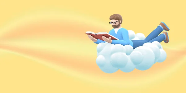 一个留着胡子的年轻人在云端的天空中看一本书 他是文学爱好者 黄色背景上有趣 抽象的卡通人物 3D渲染 — 图库照片