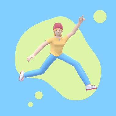 Soyut bir leke arka planında renkli giysiler içinde pozitif bir karakter. Genç neşeli hippi kız koşar, dans eder, zıplar, havalanır ve uçar. Komik çizgi film insanları. 3d oluşturma.