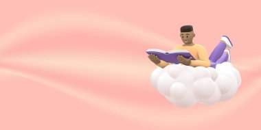 Edebiyat hayranı gökyüzündeki Afrikalı genç adam kitap okuyor. Pembe arka plandaki komik, soyut çizgi film insanları. 3d oluşturma.
