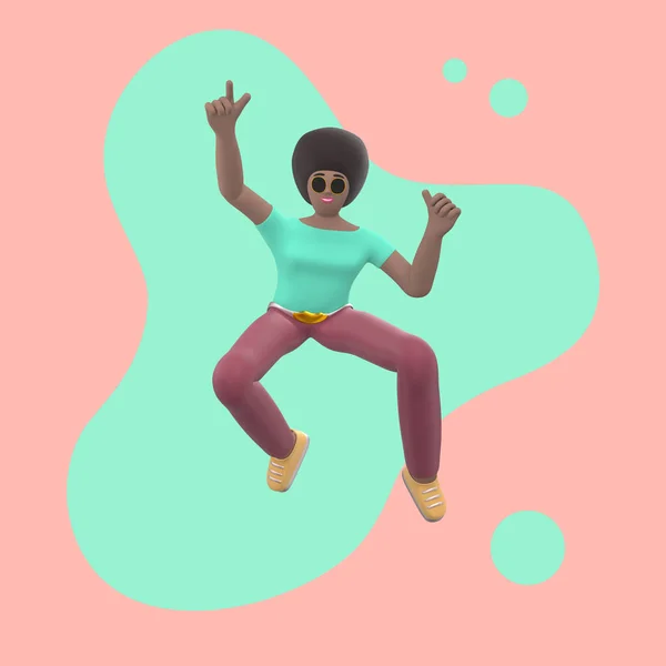 抽象的な汚れの背景に色の服の正の文字 若い陽気なアフリカの女の子が走り ジャンプし 浮揚し 飛びます 面白い漫画の人々 3Dレンダリング — ストック写真