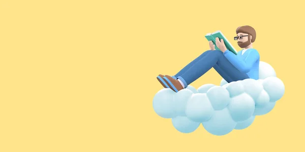 文学ファンの雲の上に空の眼鏡でひげを生やして若い男は本を読んでいる 面白い 黄色の背景に抽象的な漫画の人々 3Dレンダリング — ストック写真