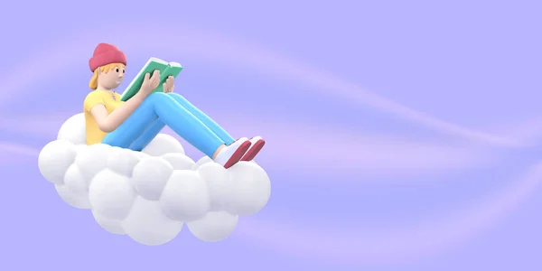 Literature Fan Young Hipster Girl Hat Sky Cloud Reads Book — Stock Photo, Image