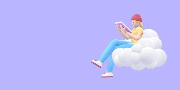 Literature fan young hipster girl in a hat in the sky on a cloud reads a book. Funny, abstract cartoon people on purple background. 3D rendering.